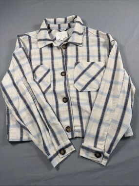 Ashley by 26 inteLight Blue Plaid cropped Button-Up  light weight Shacket